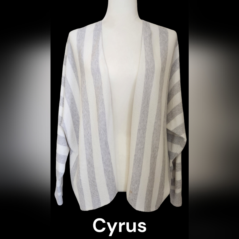 Cyrus Open Front cardigan sweater. Gray White Striped. Size L